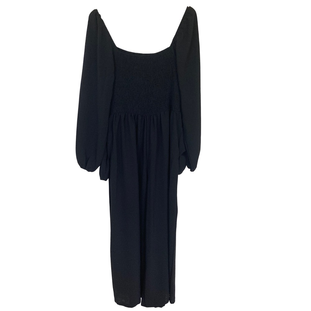 Dokotoo Womens Black Smocked Wide Leg Jumpsuit XL Long Balloon Sleeve Square Nk